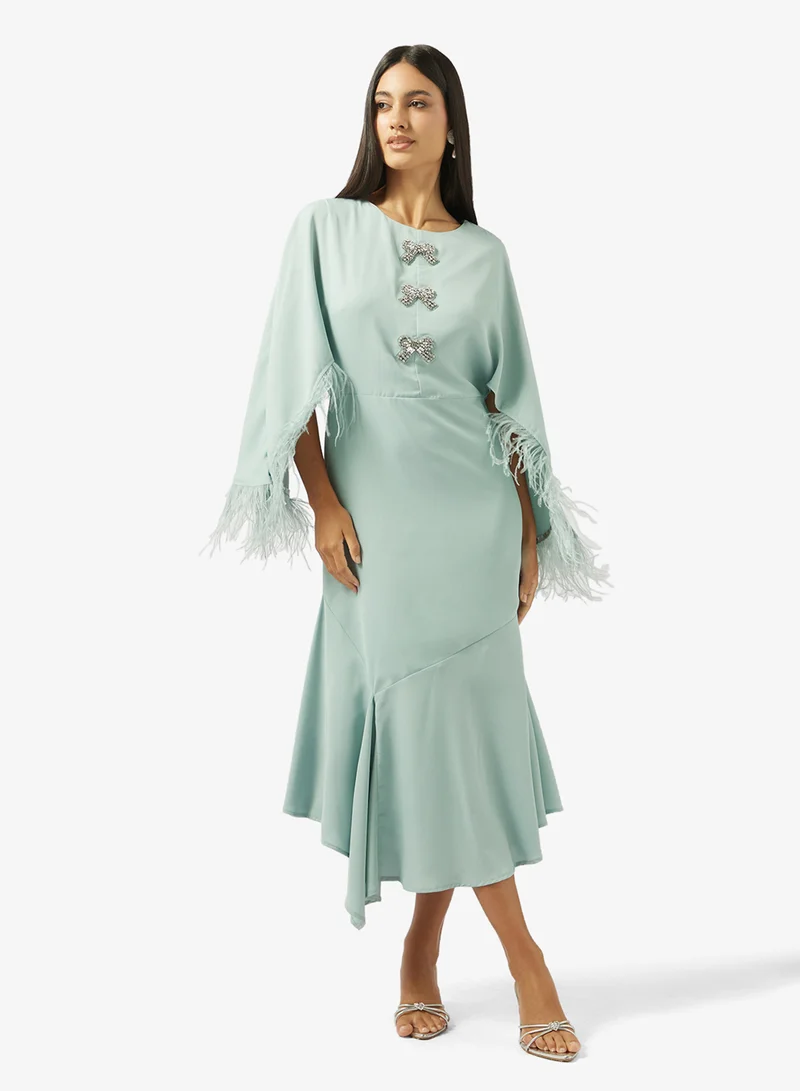 Hope & Ivy Feather Trim Flutter Sleeve Midi Dress With Embellished Bows